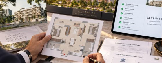 Buyer reviewing an Altair 52 off-plan floor plan and sale agreement in Dubai